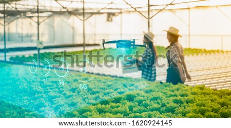 Smart farm,5G,agriculture,big data,digital twin,machine learning concept.Farmer use drone for survey for data analysis data by artificial intelligence to hydroponic farm for increasing efficiency.