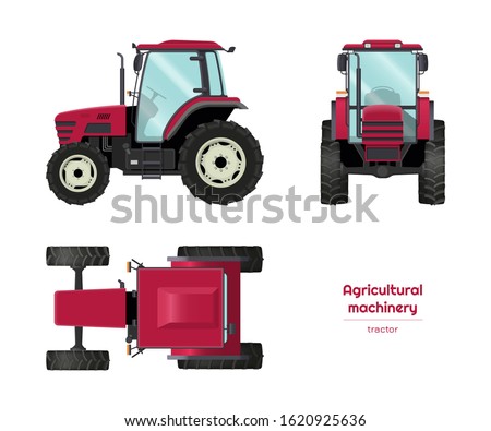 Isolated tractor. Side, front and top view of agriculture machinery. Farming vehicle in cartoon style.  Vector illustration Royalty-Free Stock Photo #1620925636