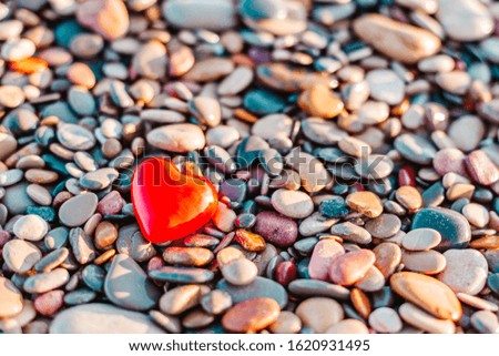Valentines Day concept. Romantic love symbol of red heart on the pebble beach with copy space. Template for Inspirational compositions and quote postcards.