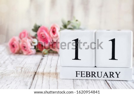 White wood calendar blocks with the date February 11 th. Selective focus with pink ranunculus in the background over a wooden table.