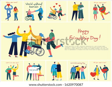 Happy Friendship day. Vector concept background with the group of happy people best friends of the girl with disability in a flat style.