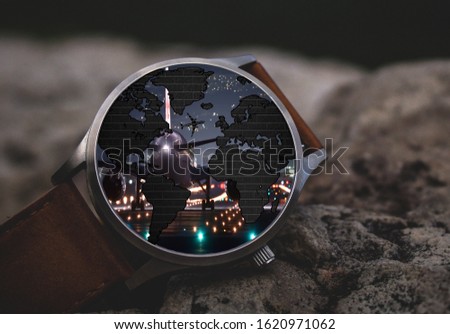 Men hand watch - beautiful world map and airport interior watch design Royalty-Free Stock Photo #1620971062
