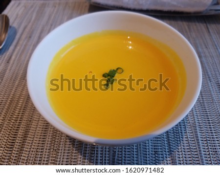 Pumpkin Soup at Restaurant in Hotel.