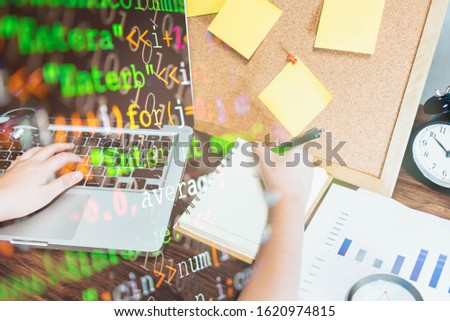 Abstract background of digital binary code of software. Programming software code on computer screen which develop by the programmer to solve the business requirement.