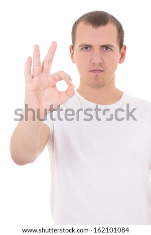 portrait of young attractive man showing okay sign isolated on white background