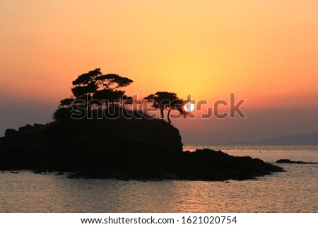 Against the backdrop of the sea and island, there are pine trees on the island and the sun is setting between them. And the sky turned orange all over, and the island darkened.