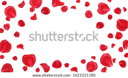 Red rose petals frame isolated on white background.Valentine day,wedding, mother day,March 8,international women day decoration.Digital clip art.Watercolor illustration