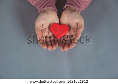 Heart in girl's hands against gray background