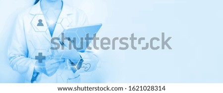 woman young  doctor hand holding blur tablet shows a list of patients and icon medical network connection on virtual screen interface.Vaccination concept. laboratory, medical and healthcare