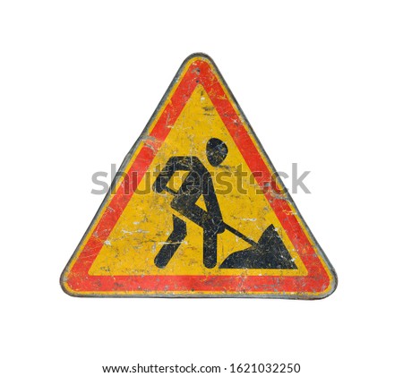 Old road sign roadwork isolated on a white background
