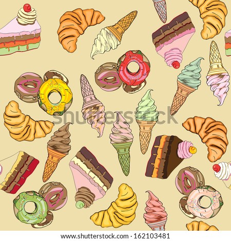 Sweets seamless pattern, hand drawn colored doodles over a retro yellow background