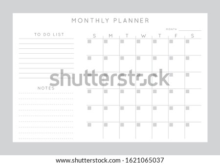 Vector monochrome minimalist abstract planner.Daily, weekly, monthly planner template.Blank printable horizontal notebook page with space for notes and goals.Business organizer.Paper sheet size A4.