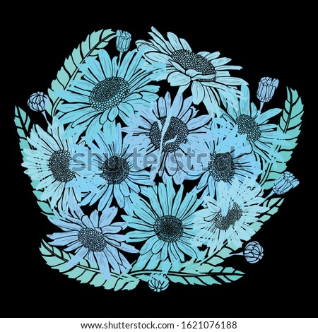 Decorative hand drawn chamomile flowers, design elements. Can be used for cards, invitations, banners, posters, print design. Floral background in line art style