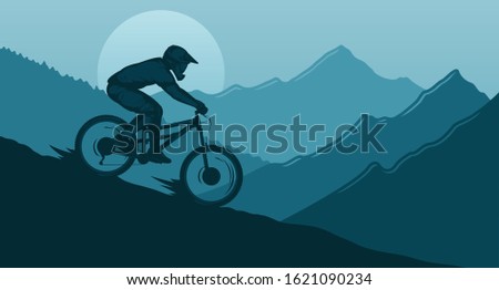 Vector downhill mountain biking illustration with rider on a bike and wild nature landscape. Downhill, enduro, cross-country biking banner
