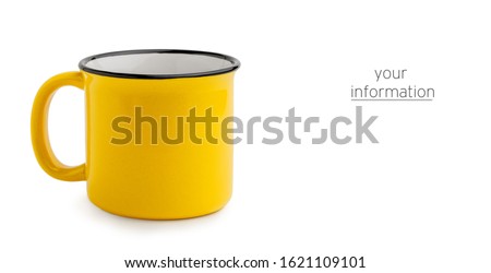 Side view of empty yellow enamel coffee mug isolated on white background Royalty-Free Stock Photo #1621109101