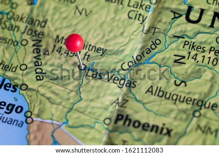 Map view with push-pin of Las Vegas, Nevada and surrounding states with major cities. Royalty-Free Stock Photo #1621112083