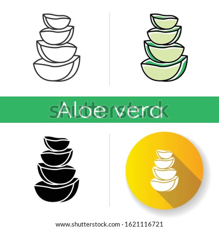 Aloe vera slices icon. Cut cactus pieces. Plant ingredient for cosmetic. Medicinal herbs. Dermatology and skincare. Botany, greenery. Linear black and RGB color styles. Isolated vector illustrations