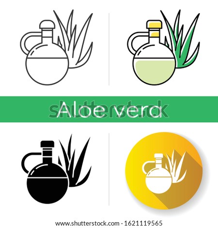 Oil icon. Linear black and RGB color styles. Plant based essence for skincare. Aloe vera juice in glass bottle. Medicinal herb. Natural skincare. Moisturizing extract. Isolated vector illustrations