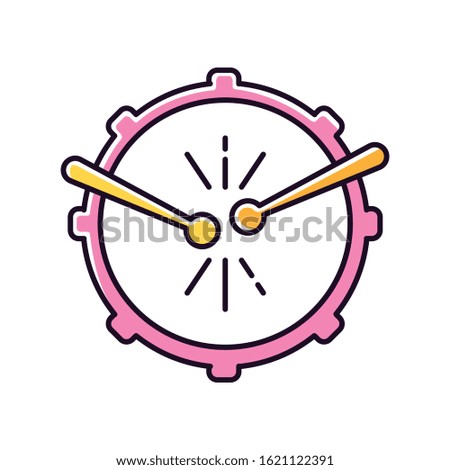 Pink drum with yellow drumsticks RGB color icon. View from above. Musical instrument. Brazilian carnival. Samba. Festive drum parade. Musical movement. National festival. Isolated vector illustration