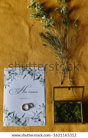 Precious wedding rings in box with micro moss and wedding invitations on the ochre fabric