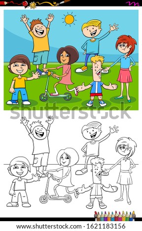Cartoon Illustration of Funny Children and Teenagers Characters Group Coloring Book Page