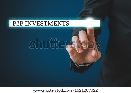 Hand of a businessman touching a glowing search bar with P2P investments sign on virtual interface.