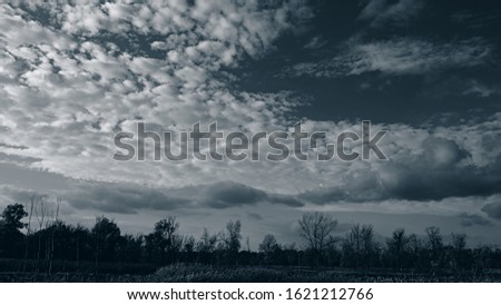 Unusual clouds and sky over the forest. Fall season. Web banner.
