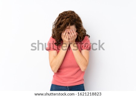Young pretty woman over isolated background with tired and sick expression