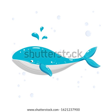 Vector illustration of a cute cartoon whale. Sea and ocean animal, for children's room prints, clothes patterns, cards