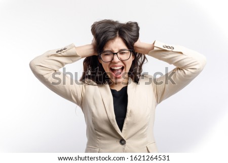 Annoyed Businesswoman Closing Her Ears and Ruining Her Hairstyle