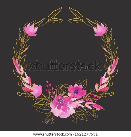Wreath of watercolor flowers and branches in crimson and golden colors; hand drawn isolated on dark background; floral decoration to wedding or other celebratory design