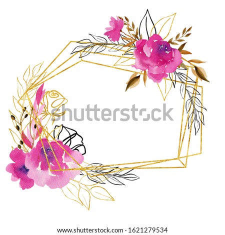 Geometric frame with watercolor roses, branches and leaves in crimson, brown and golden colors; hand drawn isolated on white background; floral decoration to wedding or other celebratory design