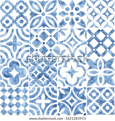 Seamless moroccan pattern. Square vintage tile. Blue and white watercolor ornament painted with paint on paper. Handmade. Print for textiles. Seth grunge texture. Royalty-Free Stock Photo #1621283953