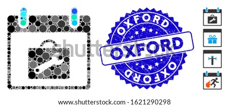 Mosaic toolbox calendar day icon and grunge stamp seal with Oxford text. Mosaic vector is created with toolbox calendar day pictogram and with scattered round items. Oxford stamp seal uses blue color,