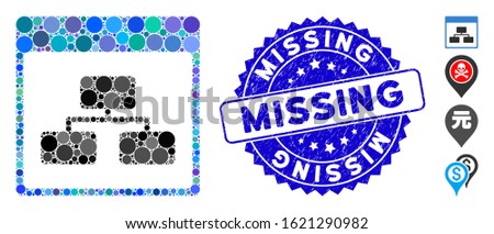 Mosaic site map icon and grunge stamp watermark with Missing phrase. Mosaic vector is created with site map icon and with scattered circle items. Missing stamp seal uses blue color, and rubber design.