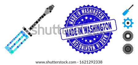 Mosaic screwdriver icon and corroded stamp seal with Made in Washington phrase. Mosaic vector is created with screwdriver pictogram and with scattered spheric items.