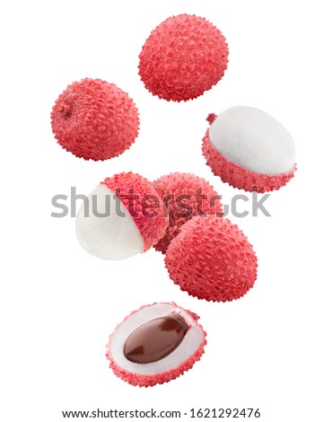Falling lychee, clipping path, isolated on white background, full depth of field Royalty-Free Stock Photo #1621292476