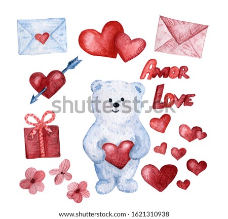 White bear , hearts, gift box,  envelope and pink flowers   watercolor illustration isolated on  white background