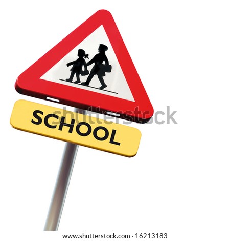 Back to school: roadsign with warning for crossing schoolkids isolated on white square background