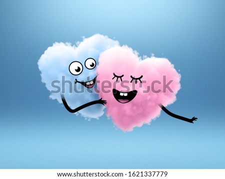 3d render, pink blue hearts couple, cartoon characters, happy face. Valentines day clip art isolated on blue background. Cotton cloud mascot. Kawaii illustration. Love symbol.