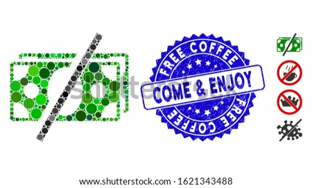 Collage no fees icon and distressed stamp seal with Free Coffee Come & Enjoy text. Mosaic vector is designed with no fees icon and with random circle items.