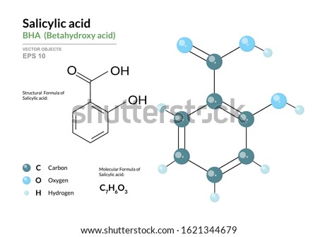 Salicylic acid. BHA Betahydroxy acid. Structural chemical formula and molecule 3d model. Atoms with color coding. Vector illustration Royalty-Free Stock Photo #1621344679