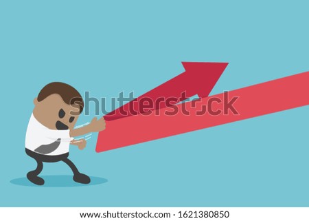 Concept cartoon illustration businessmen try to change the direction of the arrow, stock chart