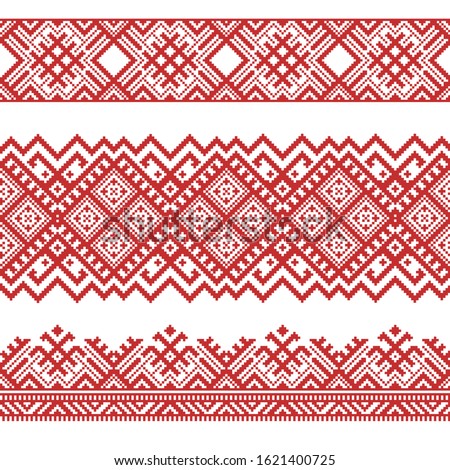 Set of seamless embroidered goods like handmade cross-stitch ethnic Ukraine pattern for design. Vector red  borders illustration on white background. Ukrainian national ornament decoration.

