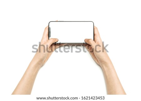 Woman hand hold a smart phone isolated on white.