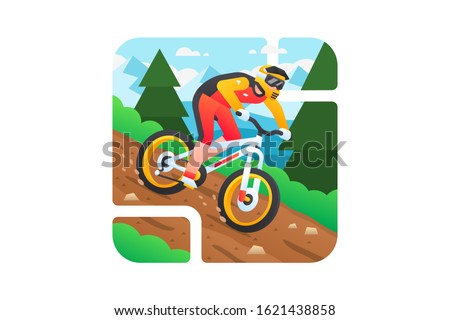 A downhill athlete is riding his mountain bike very fast on downhill track. Mountain Bike Vector Illustration.