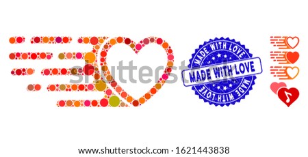 Mosaic rush love heart icon and grunge stamp seal with Made with Love caption. Mosaic vector is formed with rush love heart icon and with random round spots. Made with Love seal uses blue color,
