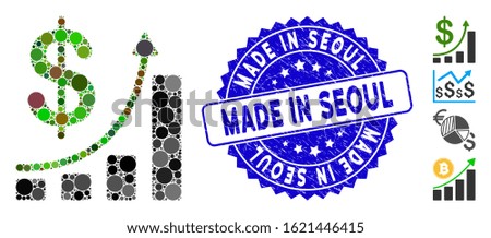 Mosaic sales chart icon and grunge stamp watermark with Made in Seoul phrase. Mosaic vector is composed from sales chart icon and with randomized spheric items. Made in Seoul stamp uses blue color,