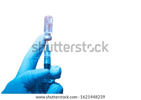 Medical hand glove blue molding vial vaccine hypodermic needle syringe injection treatment. on white backgroud selective focus.