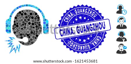 Mosaic operator message icon and corroded stamp seal with China, Guangzhou caption. Mosaic vector is designed with operator message icon and with random circle elements. China,